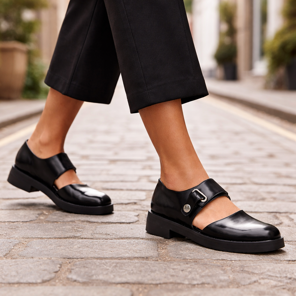 Women's Mary Jane shoes black leather with buckle strap chunky flats