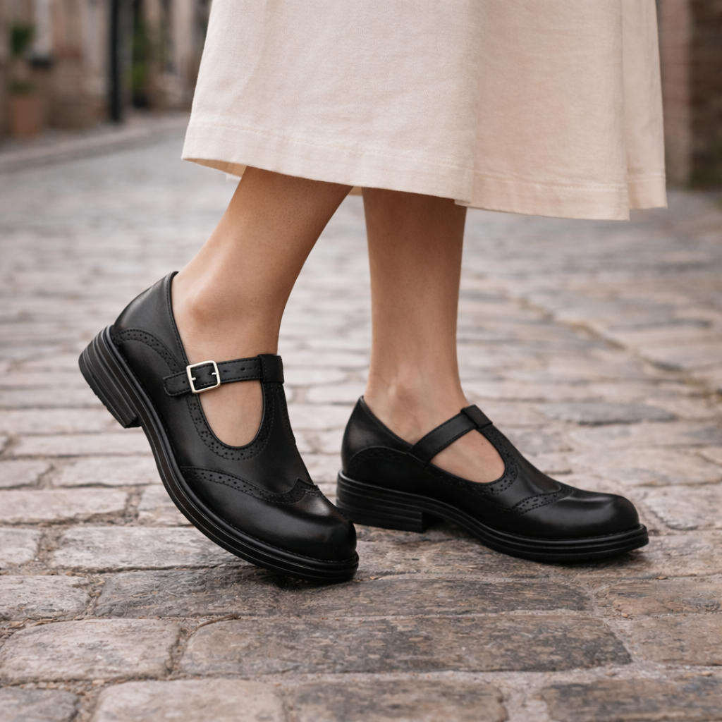 Women's Mary Jane Shoes | Leather Brogue Flats | Buckle Strap