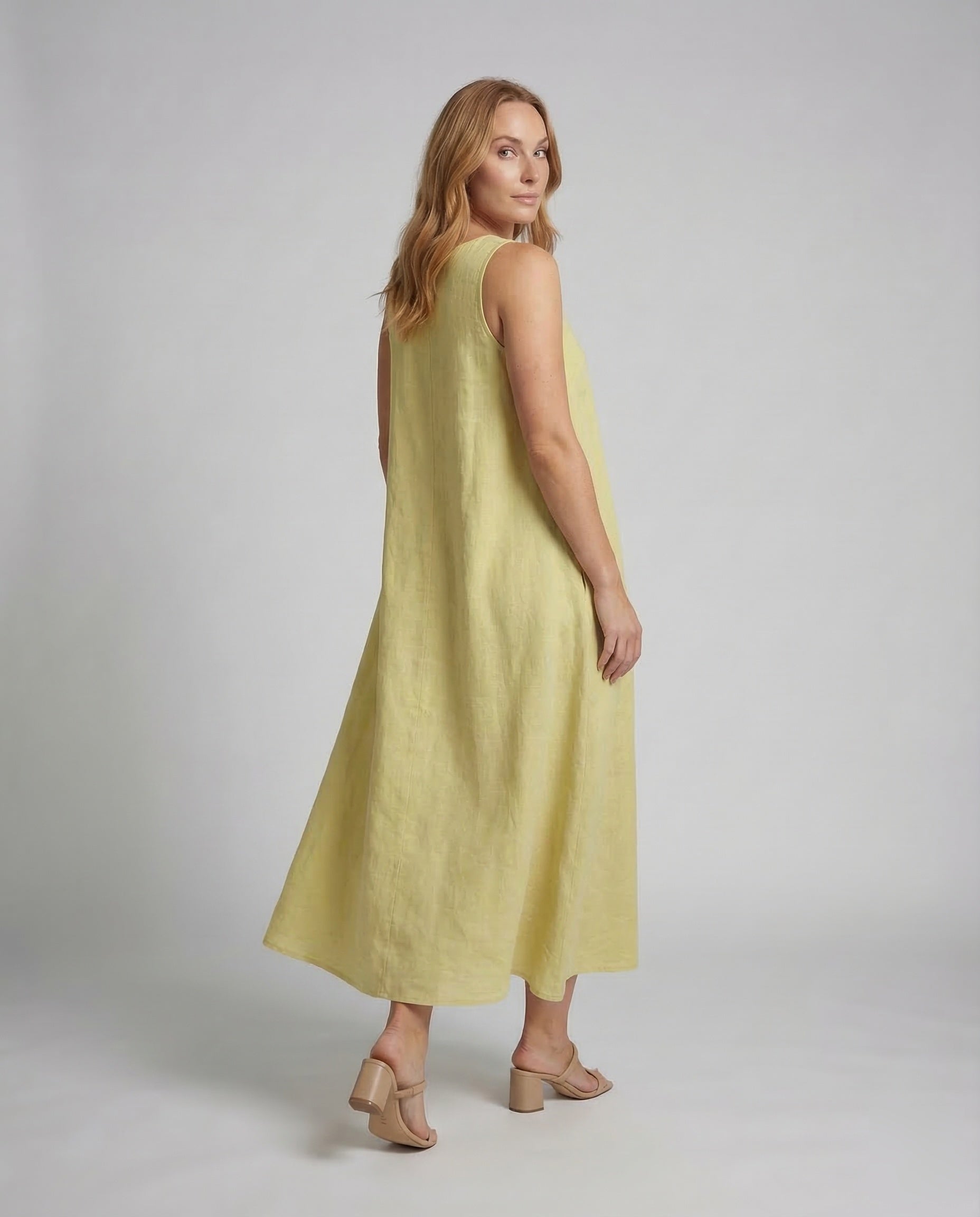 Linen Loose Summer Dress | Yellow, A-Line | Sleeveless