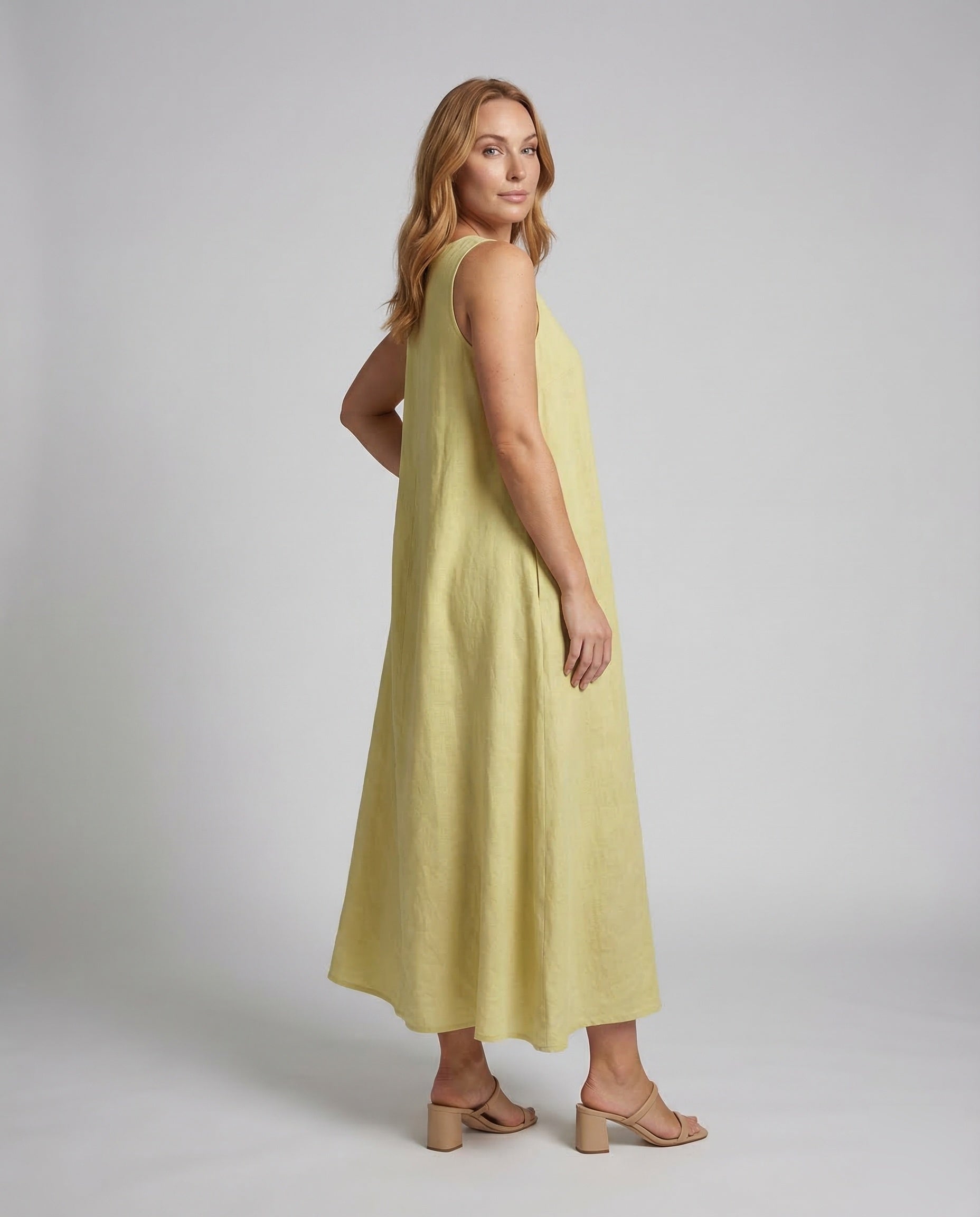 Linen Loose Summer Dress | Yellow, A-Line | Sleeveless