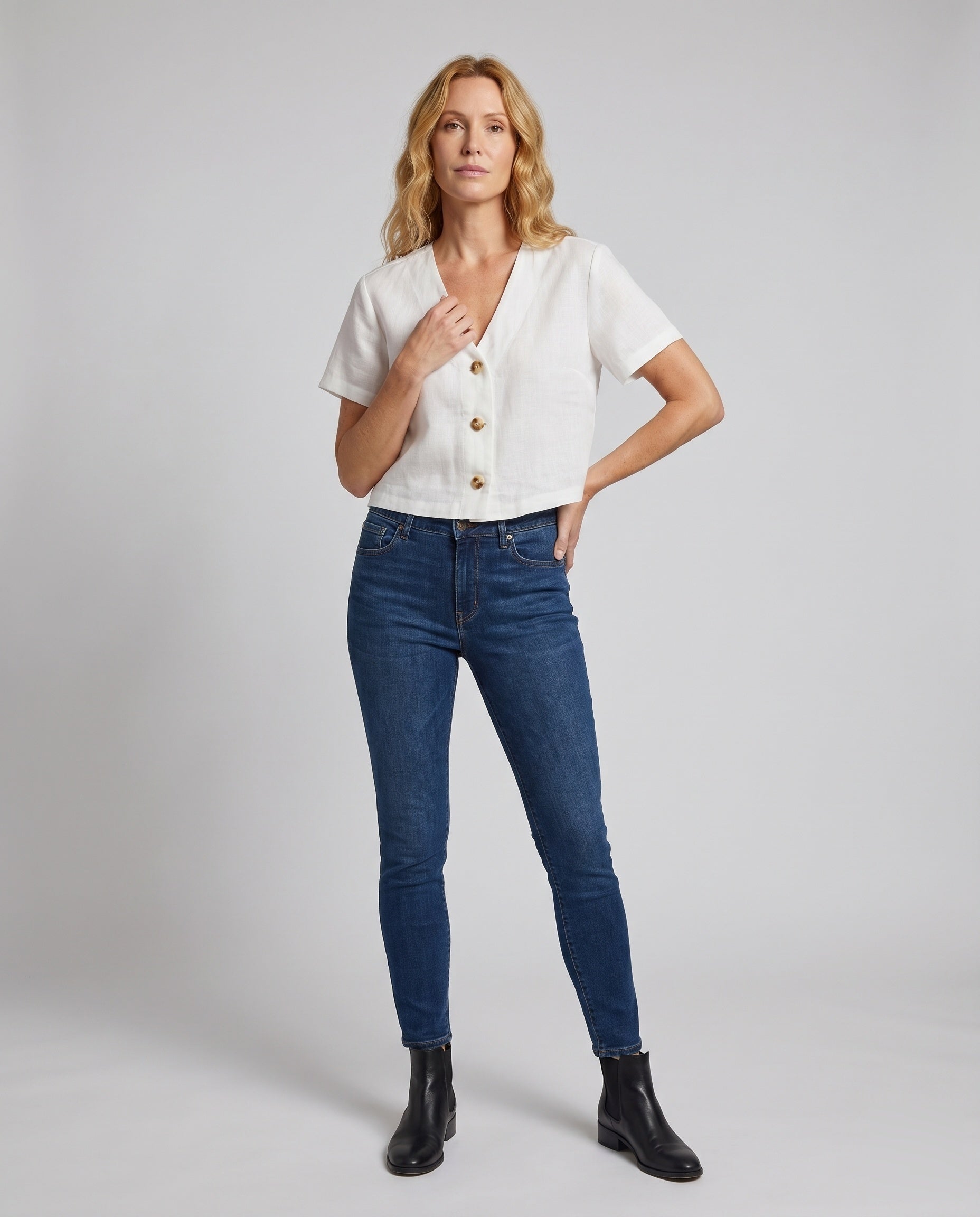 Women's Linen Blouse | Cropped, V-Neck | White