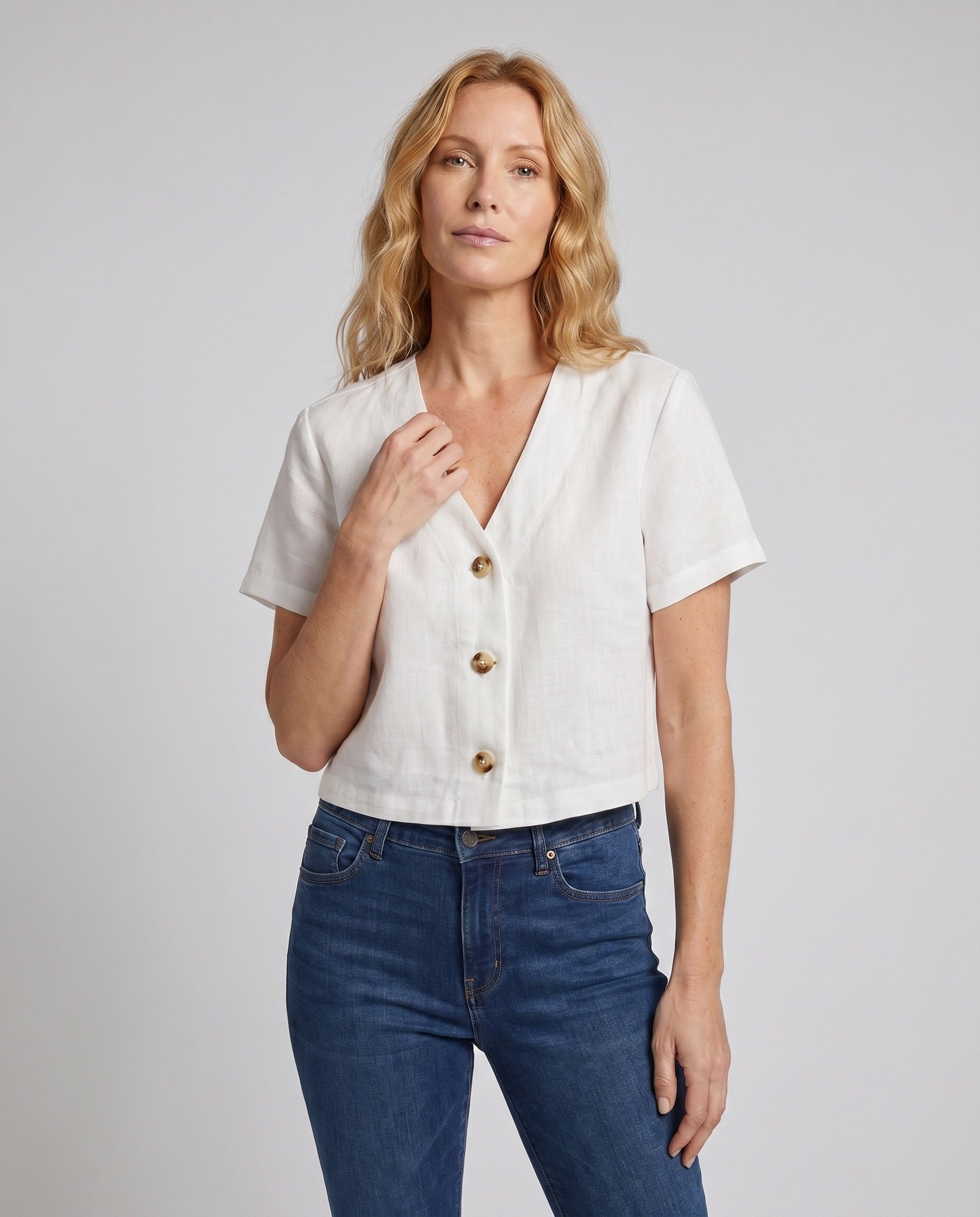Women's Linen Blouse | Cropped, V-Neck | White