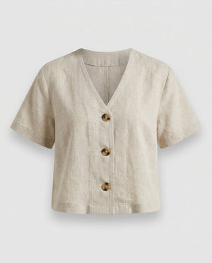 Women's Linen Blouse | Cropped, V-Neck | White
