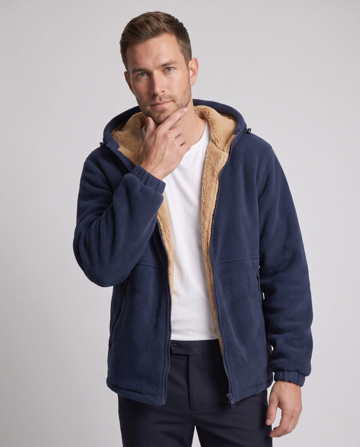 Thermal fleece jacket men with teddy lining and windproof outer layer