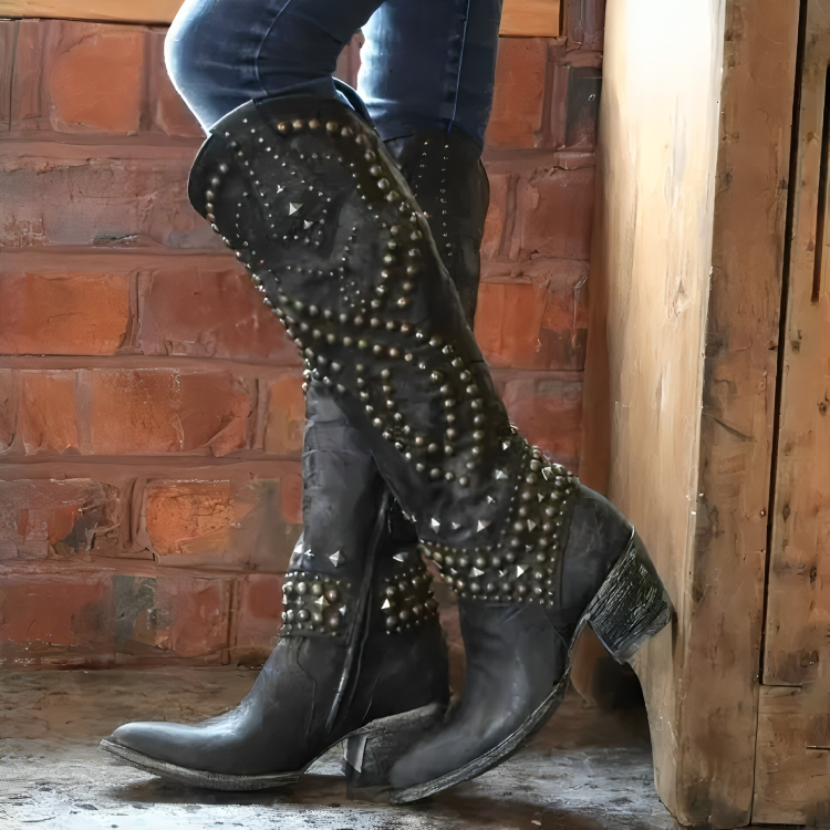 Womens knee high cowboy boots with pointed toe and mid block heel