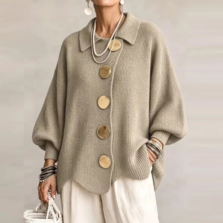Women ribbed knit cardigan oversized gold buttons balloon sleeves scalloped hem