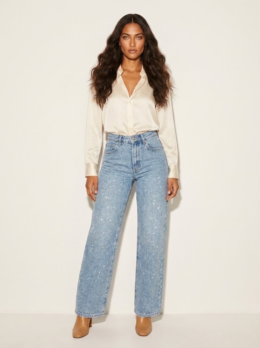 Women's Straight Jeans | High Waist, Glitter Details