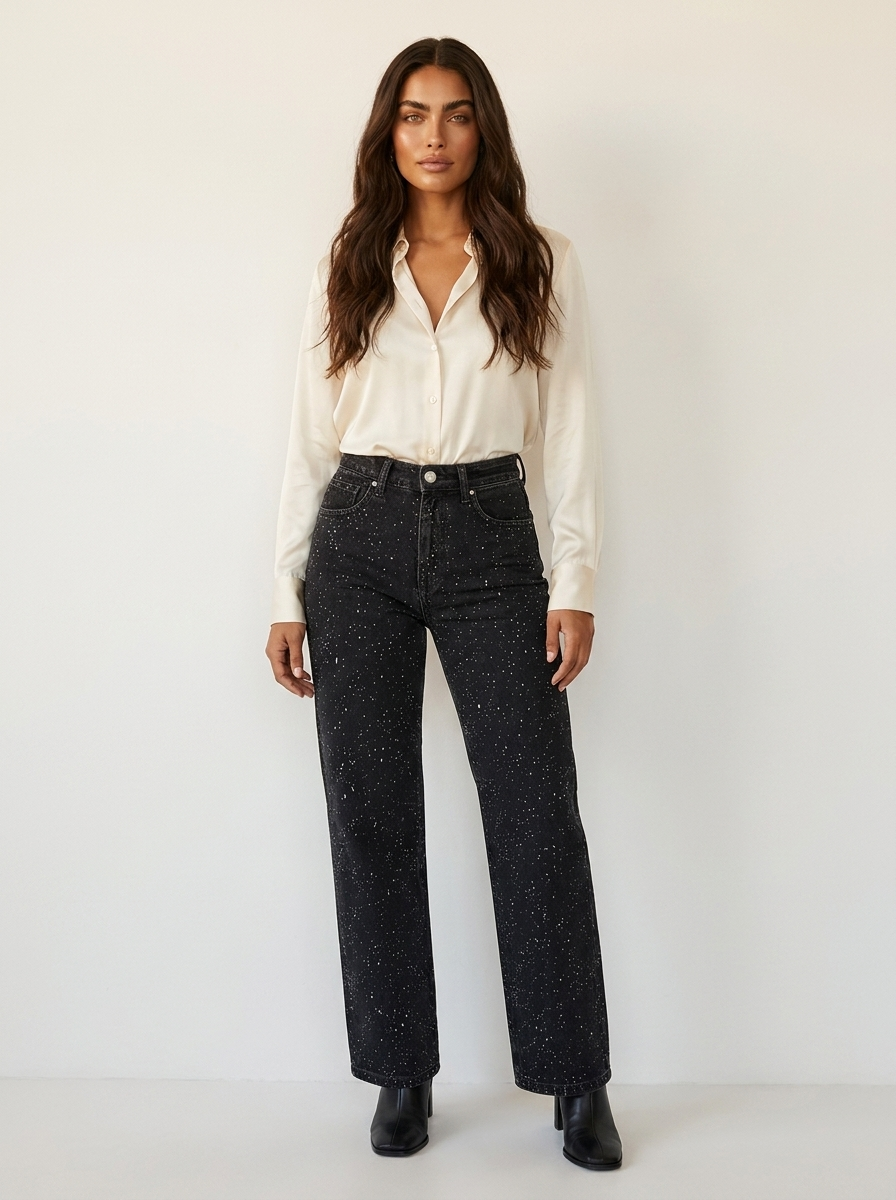Women's Straight Jeans | High Waist, Glitter Details