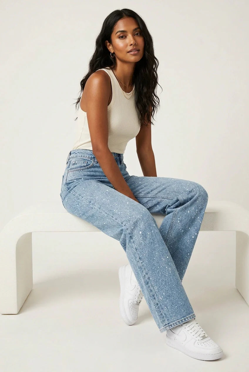 Women's Straight Jeans | High Waist, Glitter Details