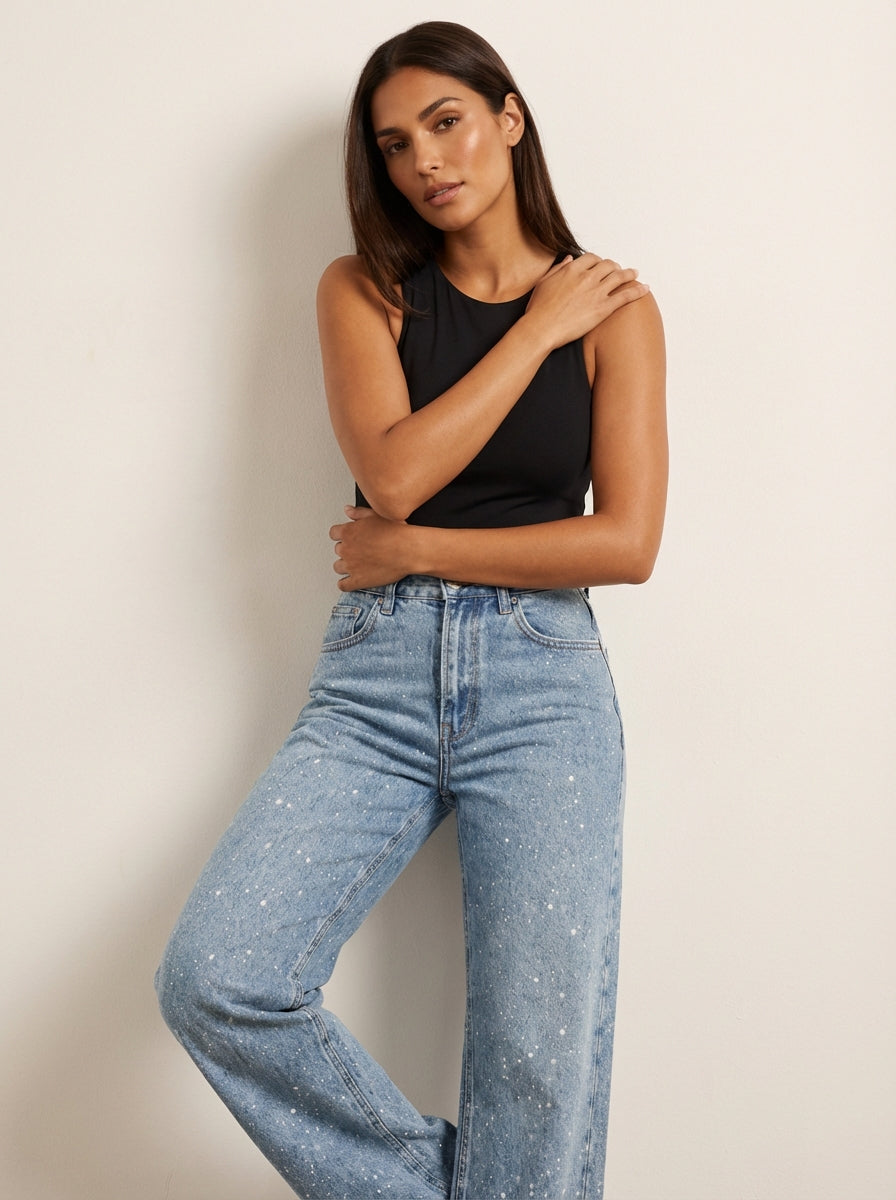 Women's Straight Jeans | High Waist, Glitter Details