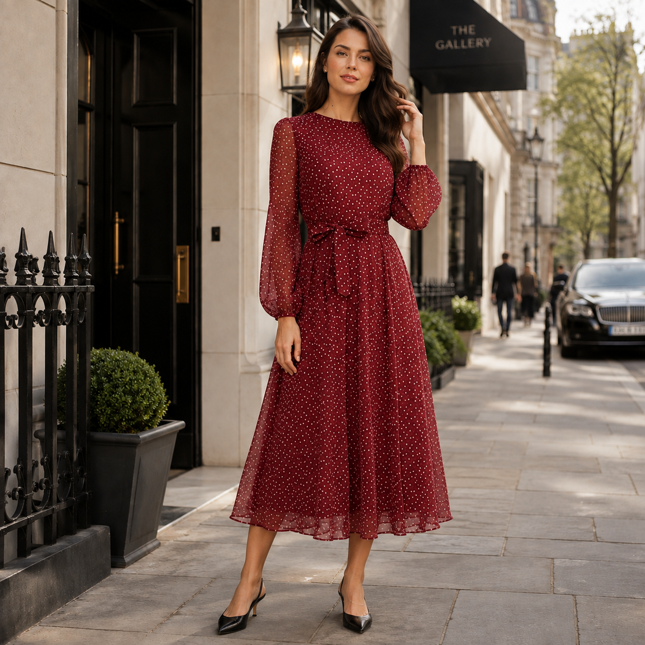 Summer Linen Dress | Loose Fit, Coffee Polka Dot | A-Line Midi