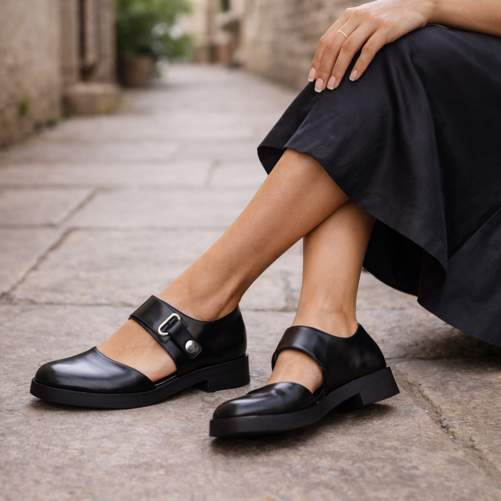Women's Mary Jane Shoes | Black Leather, Buckle Strap