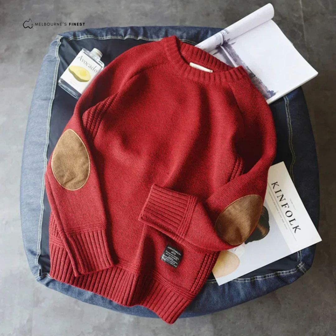 Men crew neck jumper with contrast elbow patches and ribbed trim