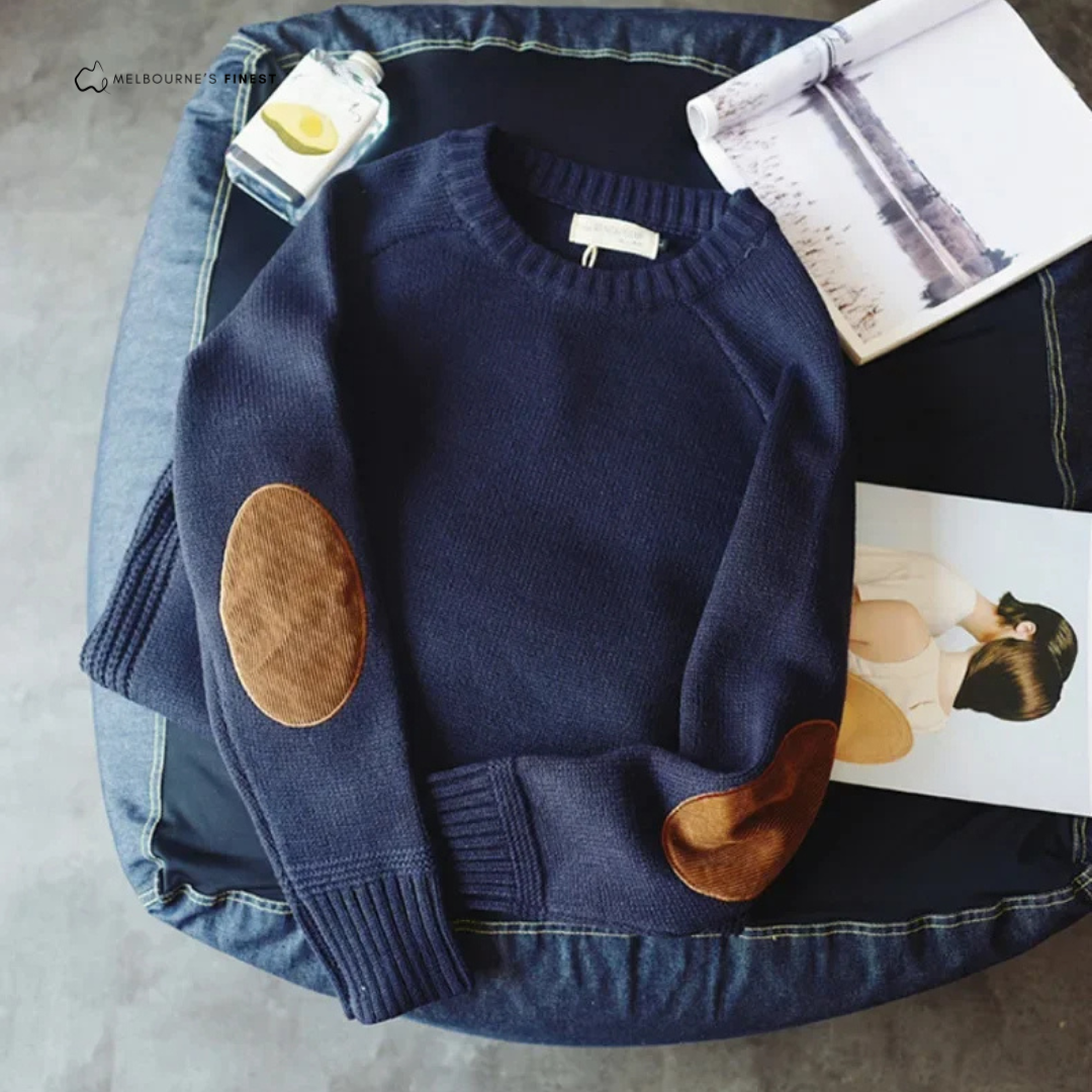Men crew neck jumper with contrast elbow patches and ribbed trim