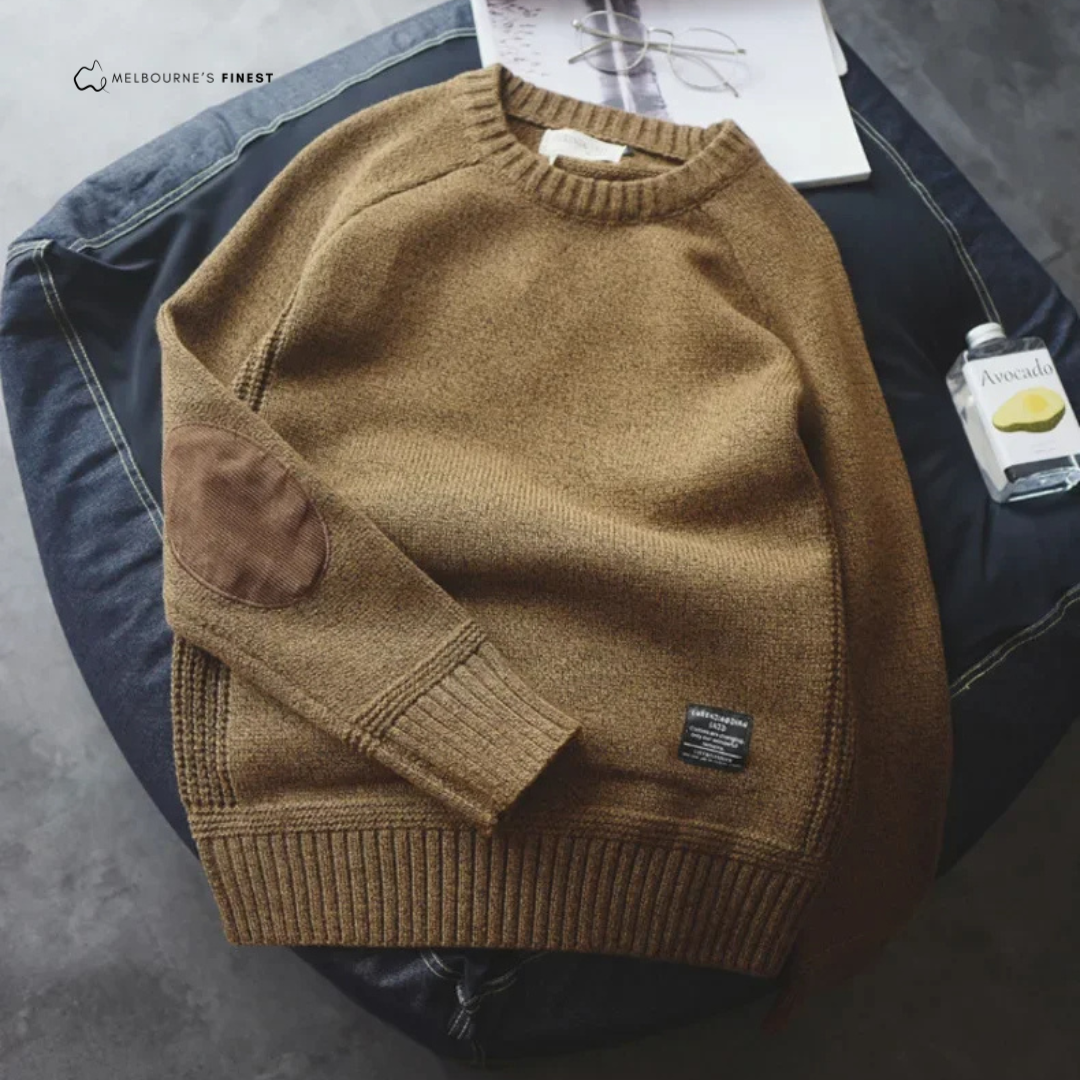 Men crew neck jumper with contrast elbow patches and ribbed trim