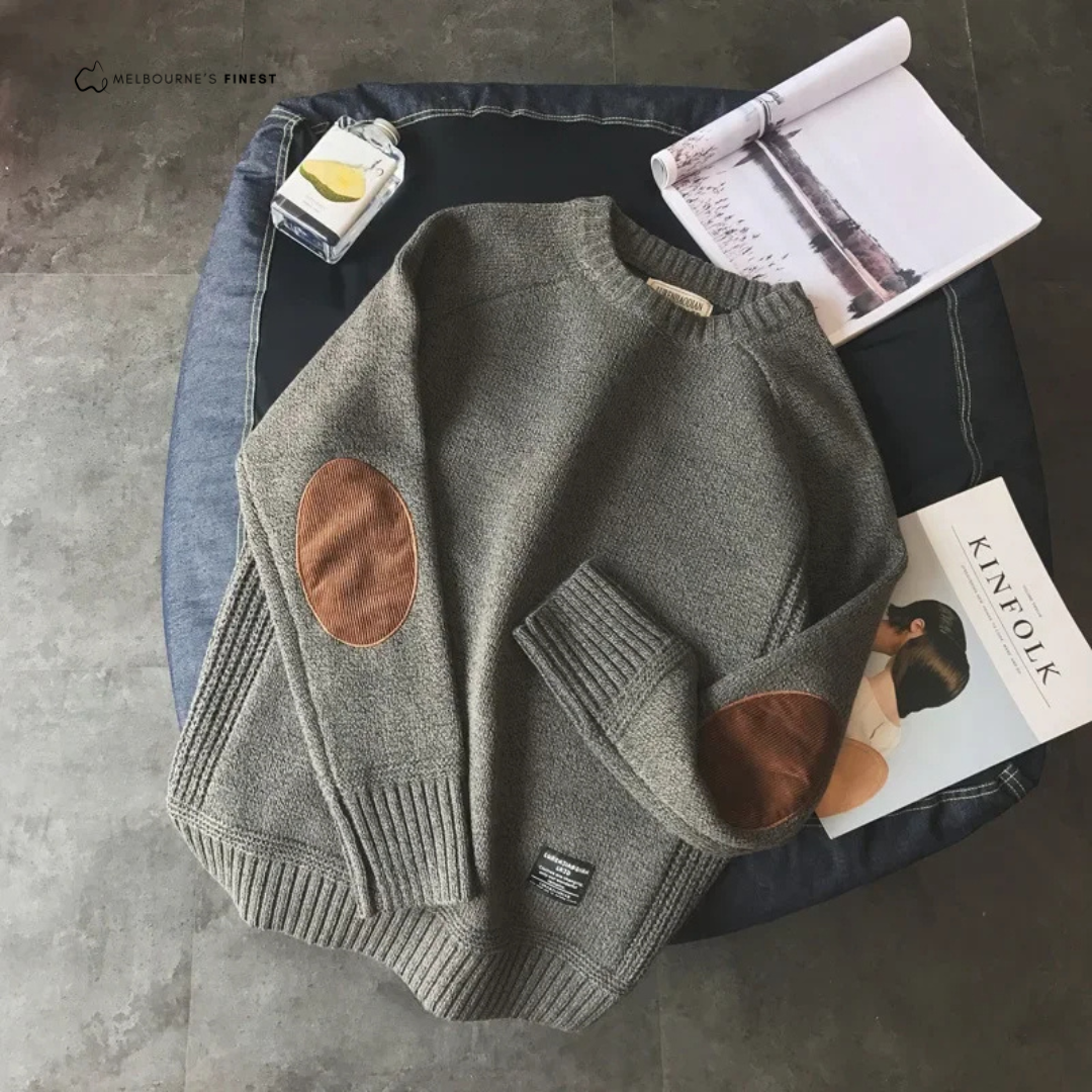 Men crew neck jumper with contrast elbow patches and ribbed trim
