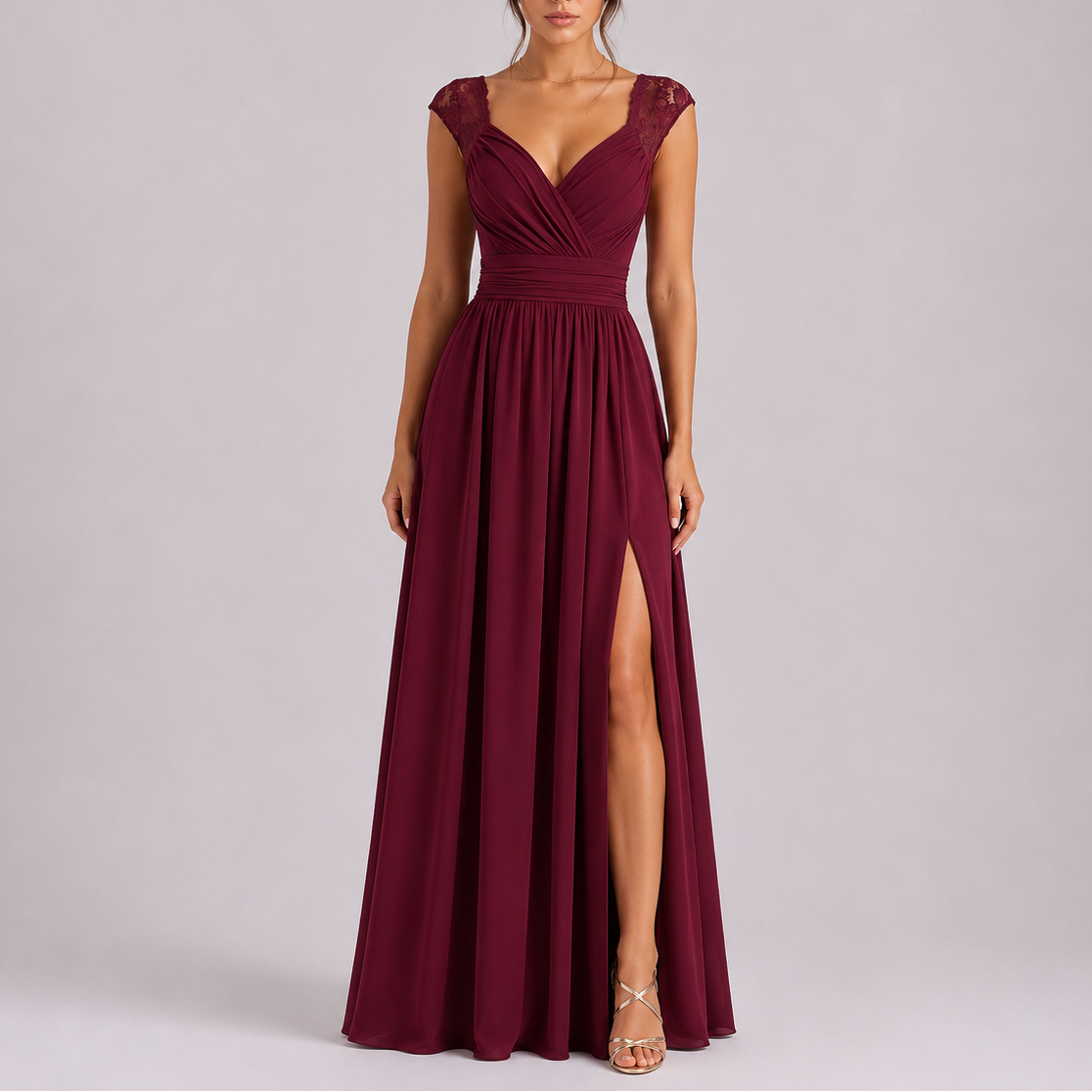 Women lace shoulder formal maxi dress floor length wrap bodice with high side slit