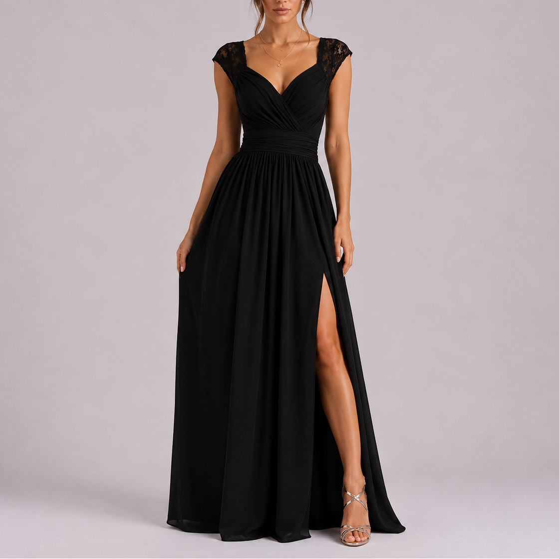 Women lace shoulder formal maxi dress floor length wrap bodice with high side slit