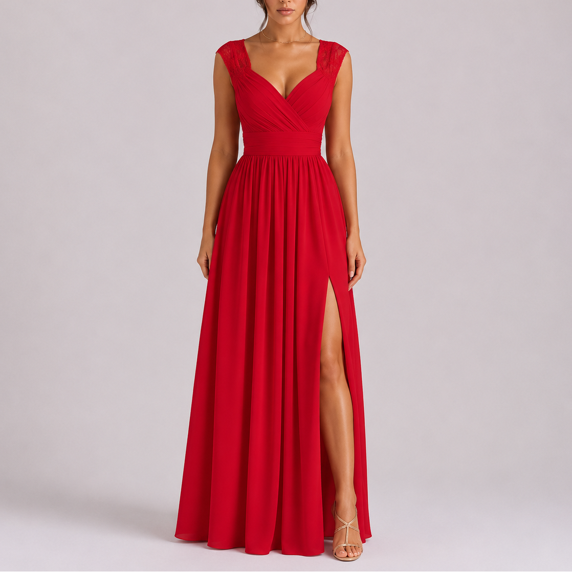 Women lace shoulder formal maxi dress floor length wrap bodice with high side slit