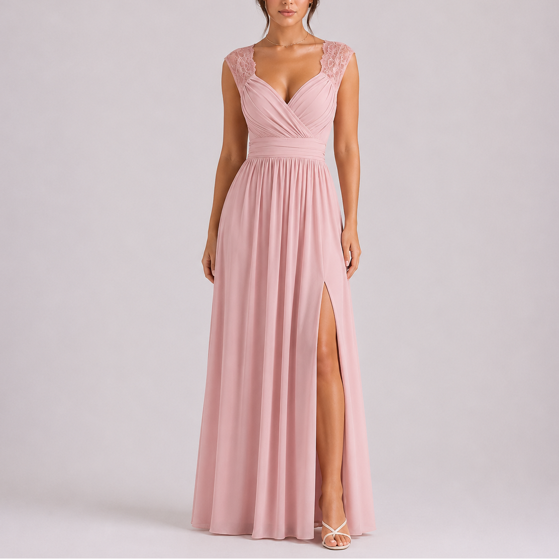 Women lace shoulder formal maxi dress floor length wrap bodice with high side slit