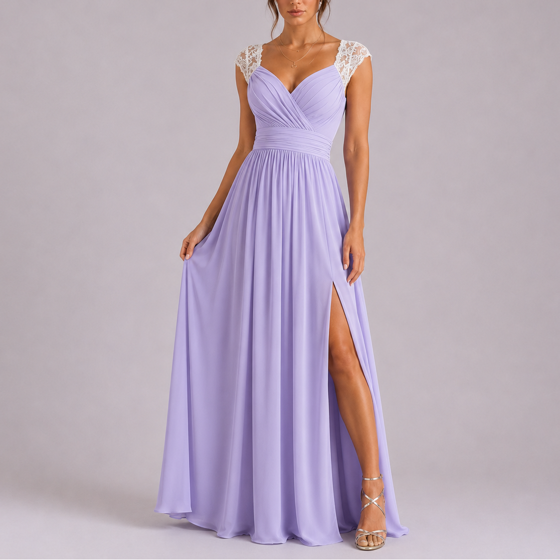 Women lace shoulder formal maxi dress floor length wrap bodice with high side slit