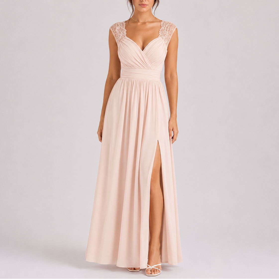 Women lace shoulder formal maxi dress floor length wrap bodice with high side slit