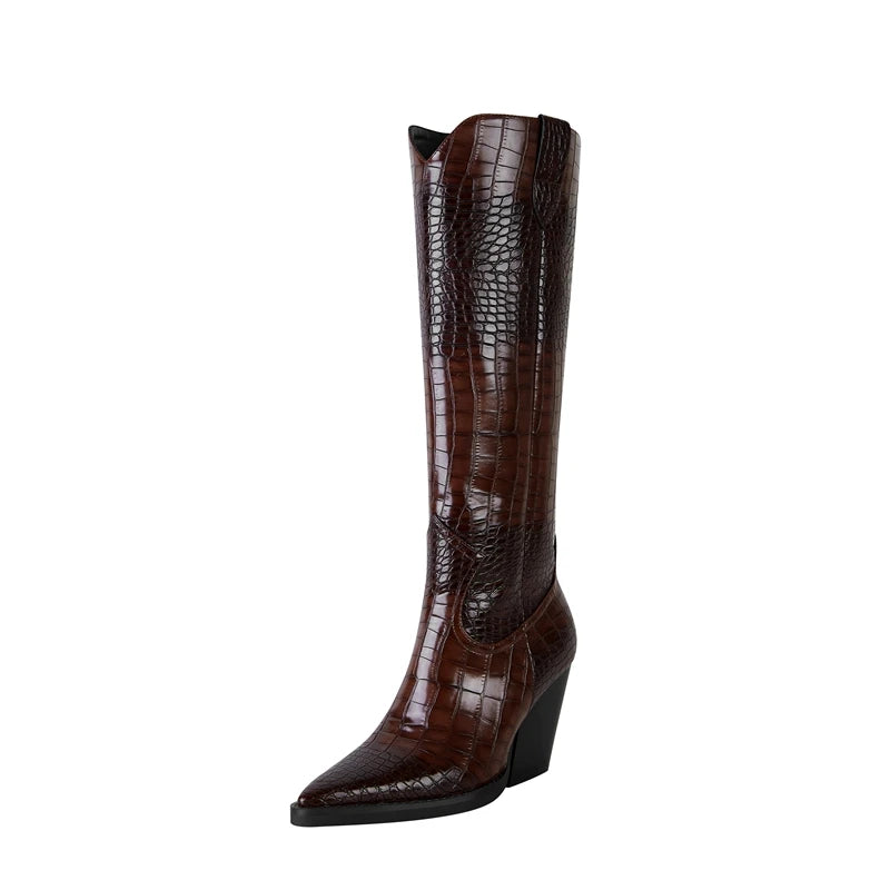 Womens knee high cowboy boots with pointed toe, chunky heel and waterproof upper