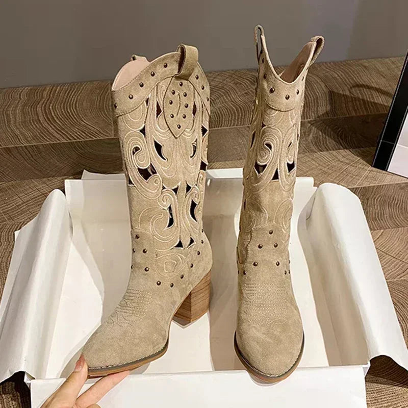Womens knee high cowboy boots with chunky heel and embroidered detail