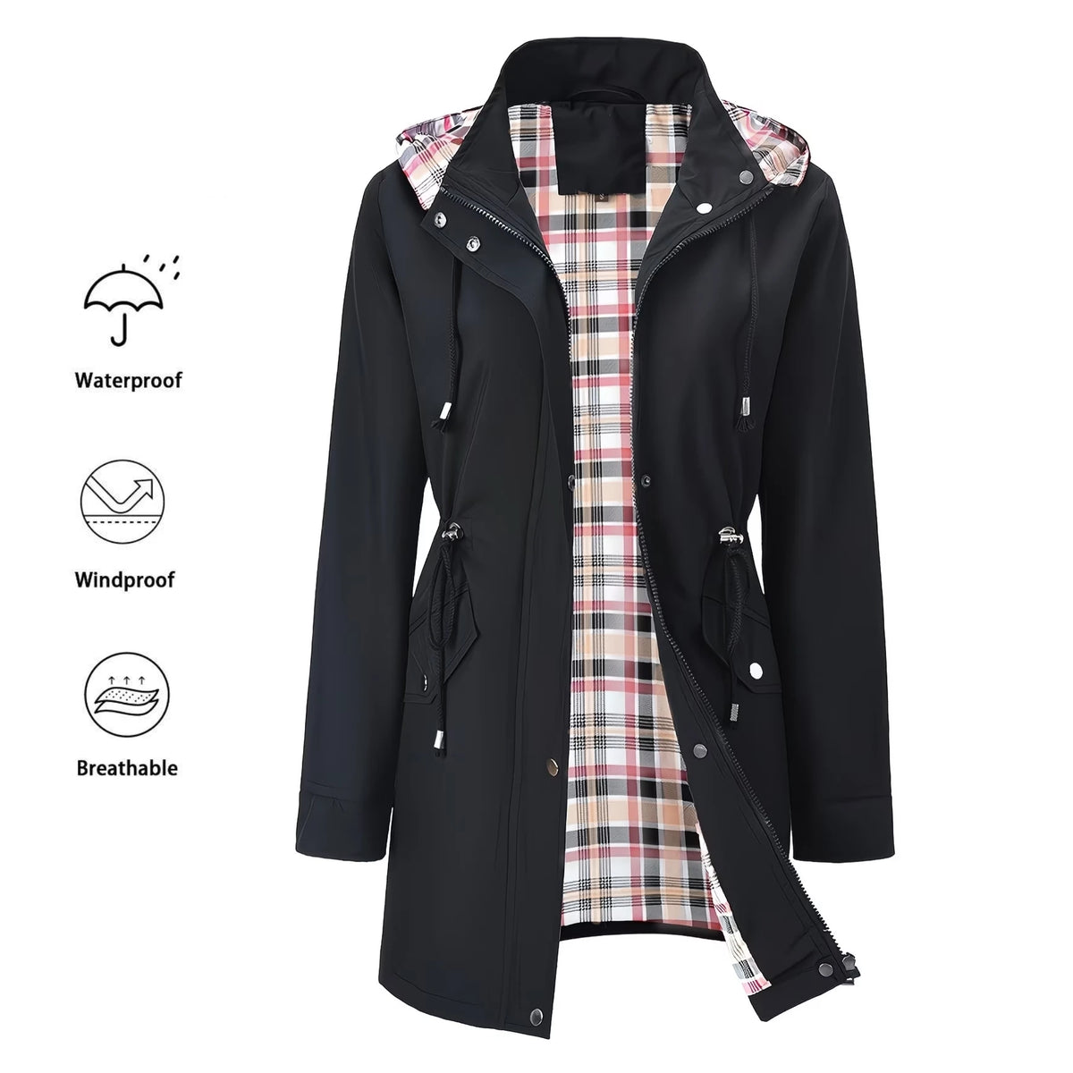 Women waterproof hooded trench jacket mid length zip front with plaid lining