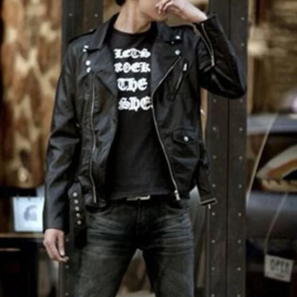 Men motorcycle jacket slim fit with lapel collar and front zip, casual biker style