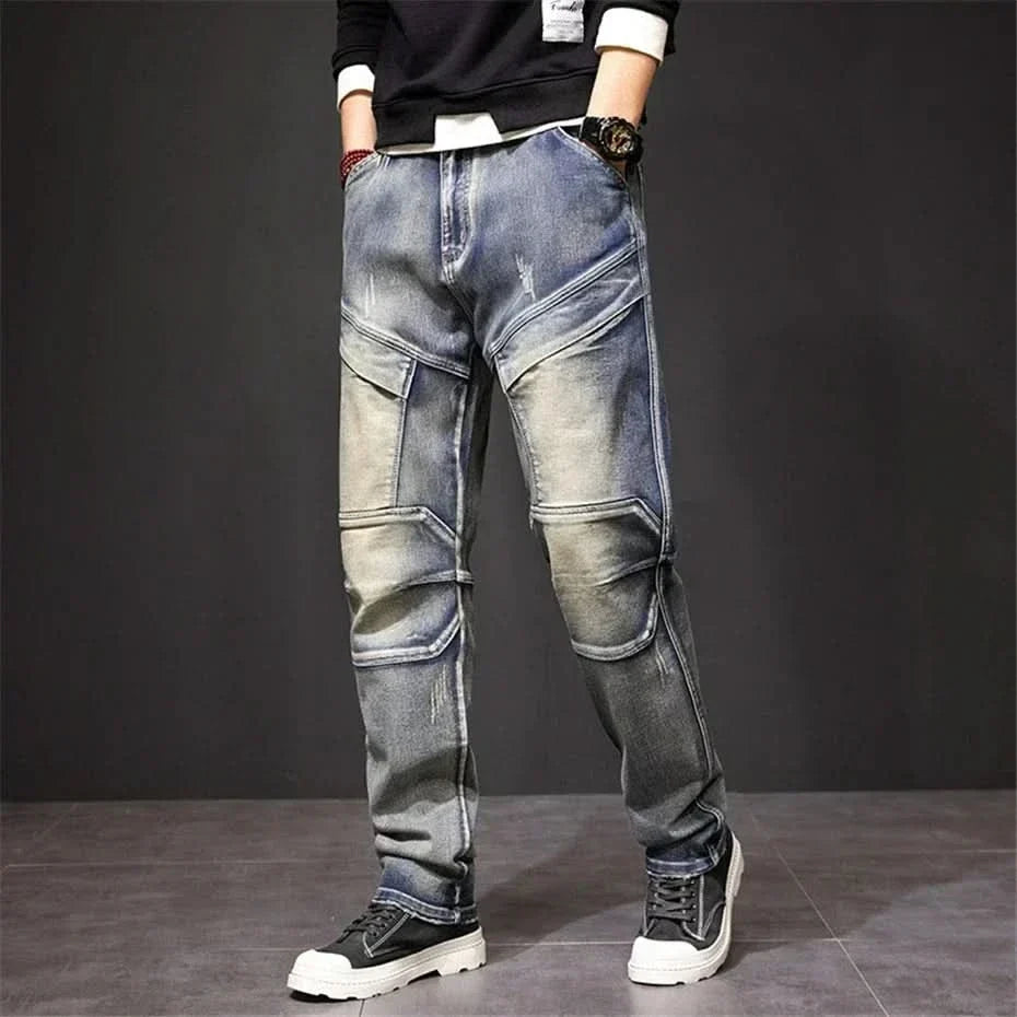 Men denim straight leg cargo jeans with distressed vintage wash and contrast stitching
