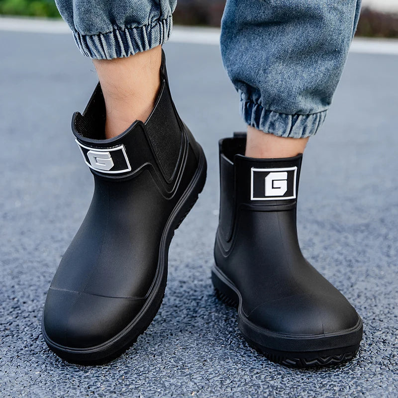 Men ankle rain boots slip on waterproof wellies non-slip outsole