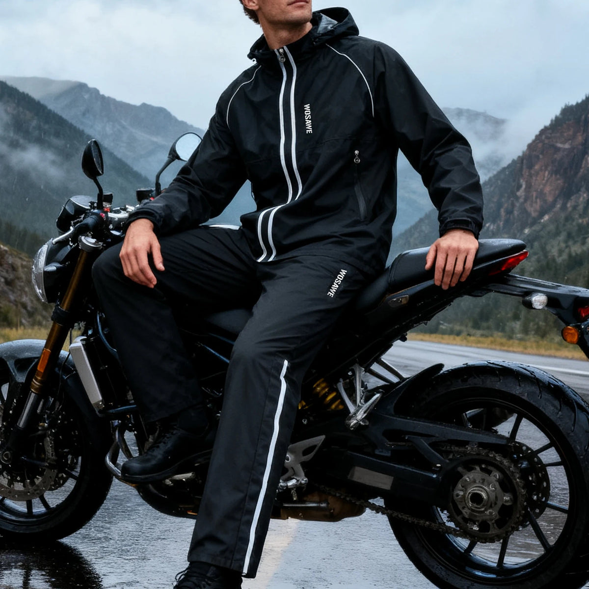 Unisex waterproof rain jacket windproof motorcycle raincoat with reflective stripes