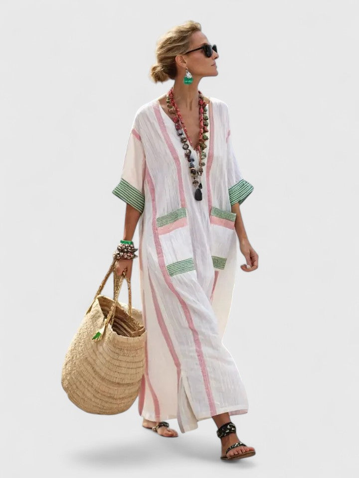 Women's Maxi Dress | Cotton Kaftan with Stripe Detail | V-Neck