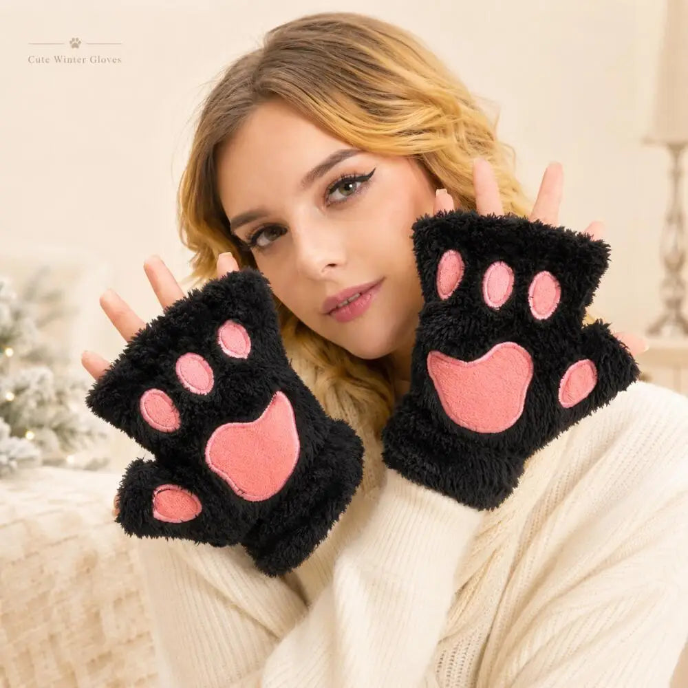 Women girls plush fingerless winter gloves cat paw design with anti-loss cord