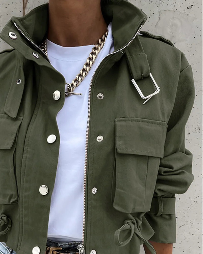 Women's Cargo Jacket | Short, Zipper & Large Pockets
