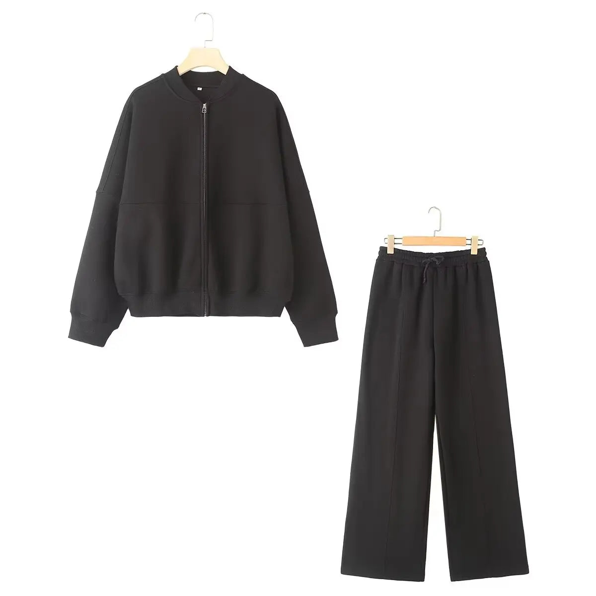 Womens 2 piece zip sweatshirt wide leg set with retro street style and high waist pants