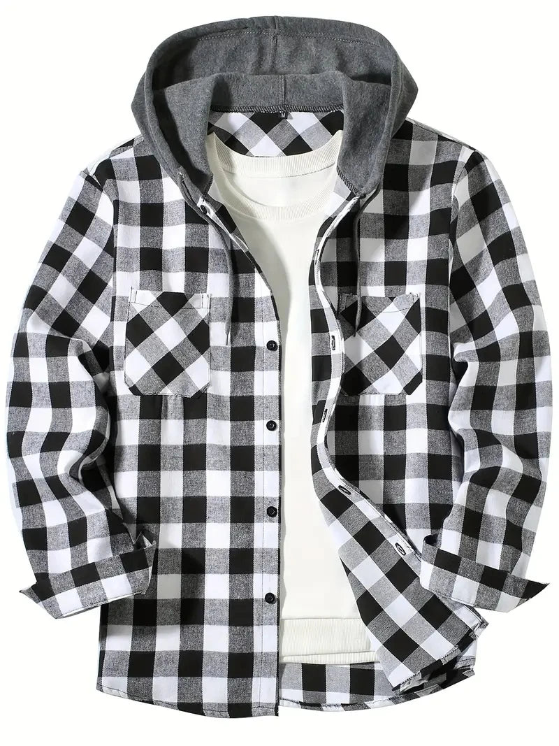 Mens plaid hooded jacket slim fit long sleeve, casual style
