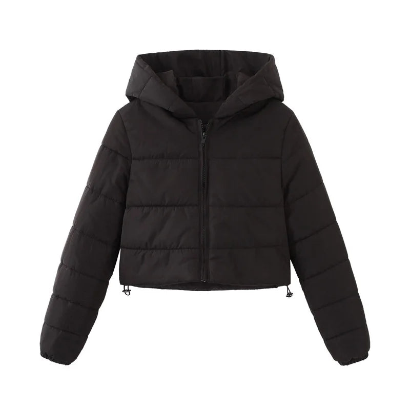 Women quilted cropped puffer jacket hooded loose fit stand collar full zip