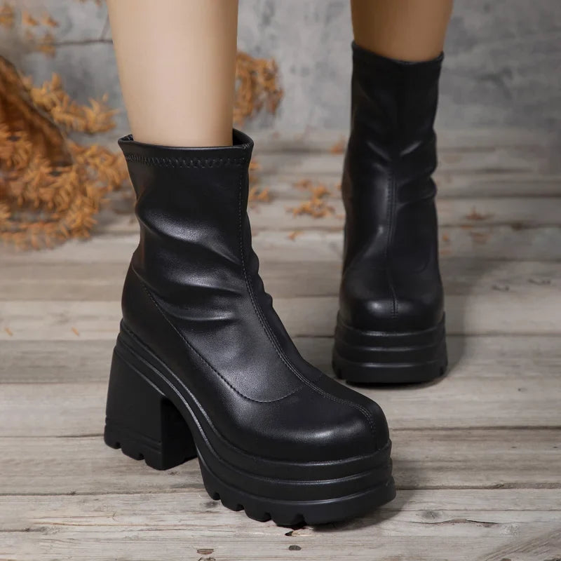 Women's Ankle Boots | Black Leather, Square Toe, High Heel