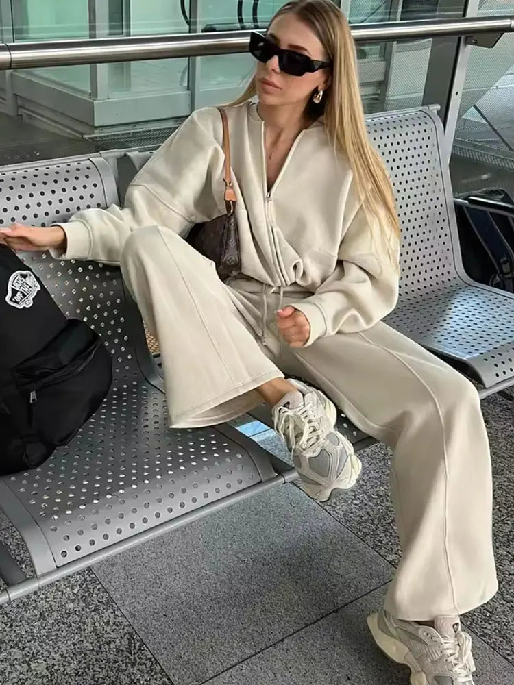 Womens 2 piece zip sweatshirt wide leg set with retro street style and high waist pants