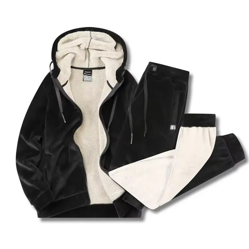 Men 2 piece fleece tracksuit set with hooded jacket and pants for winter