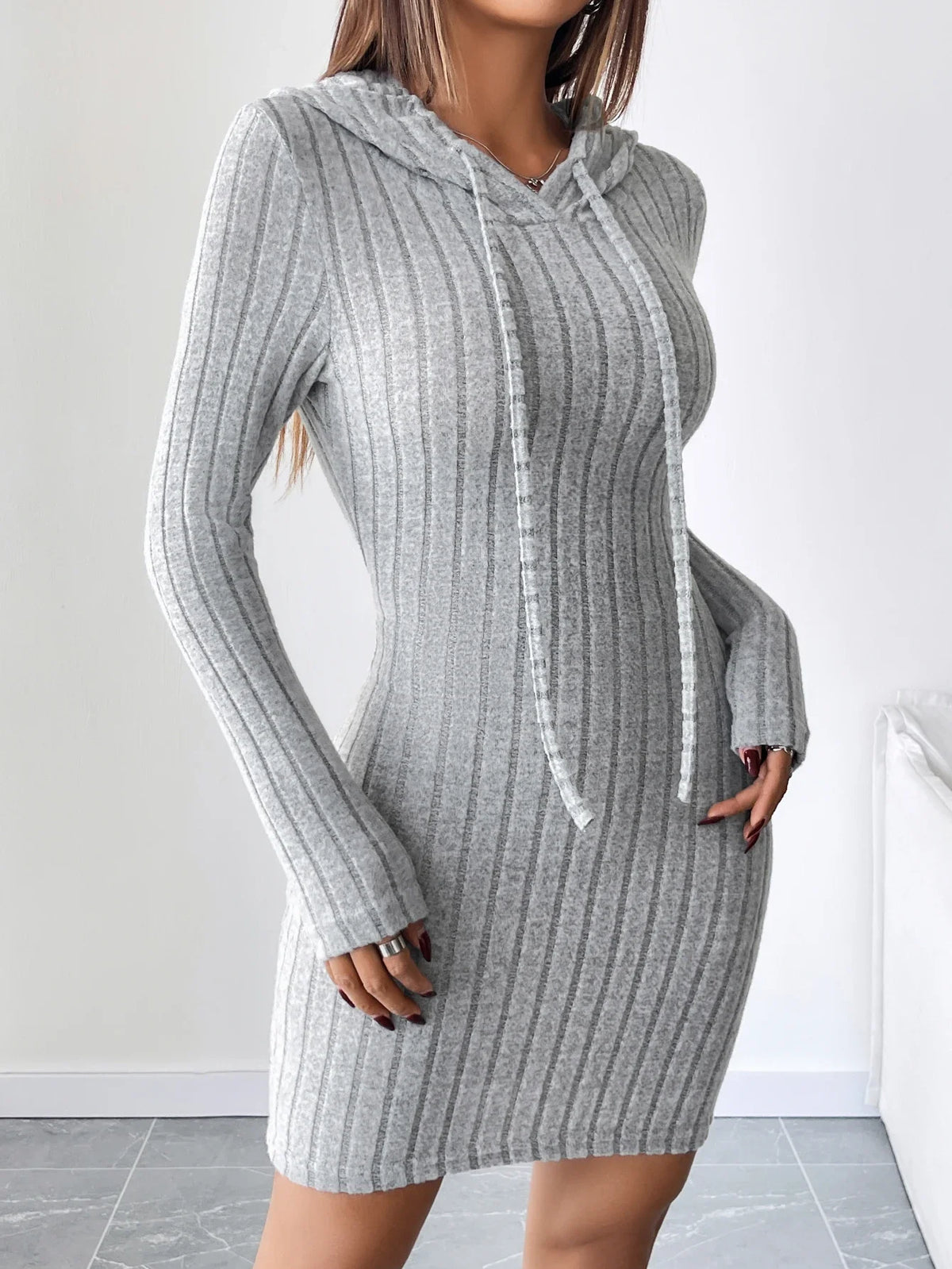 Knit Dress | Women's Ribbed, Hooded Style | Slim Fit, Knee Length