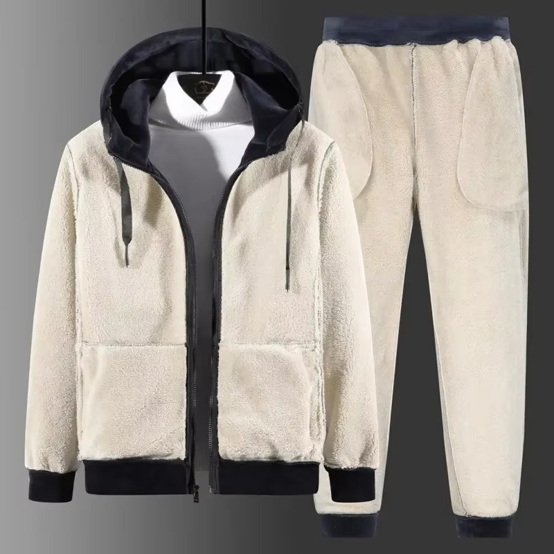 Men 2 piece fleece tracksuit set with hooded jacket and pants for winter