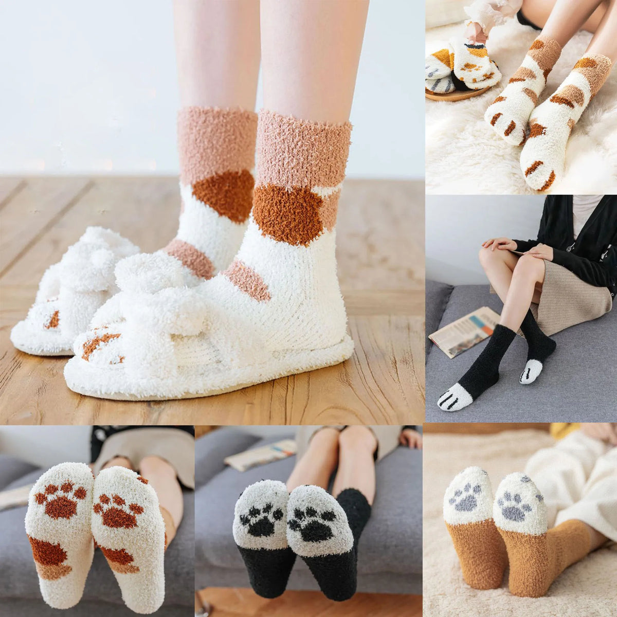Teddy slipper socks women fuzzy cat paw design thick winter warm