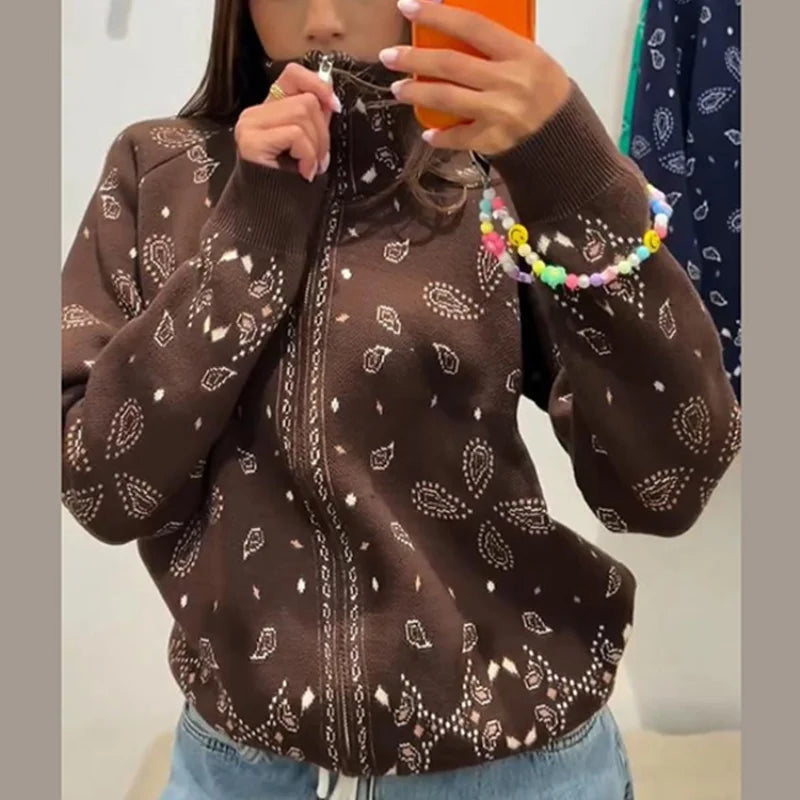Women knit print cardigan with zip closure and turtleneck long sleeve