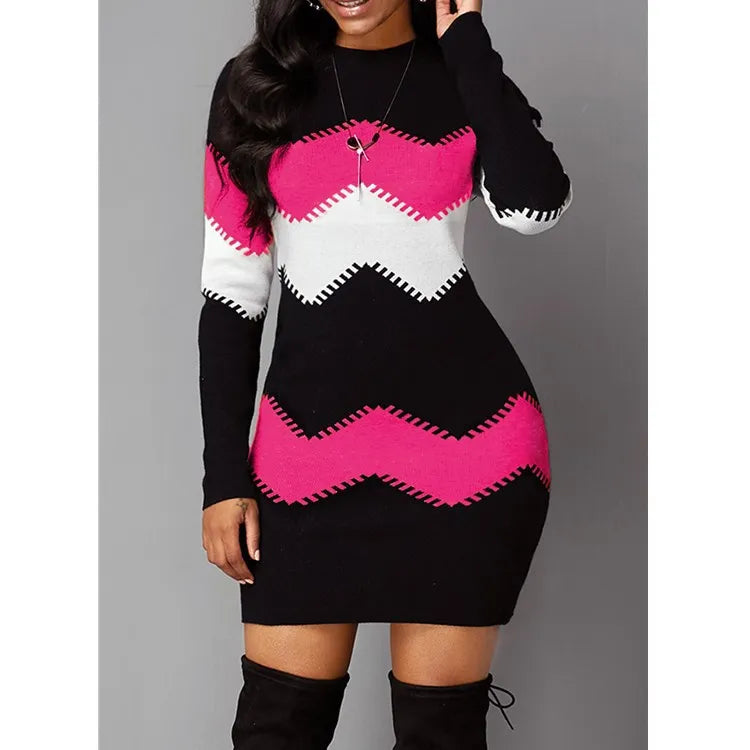 Knit Mini Dress | Women's Patchwork, Turtleneck | Long Sleeve, Knitted