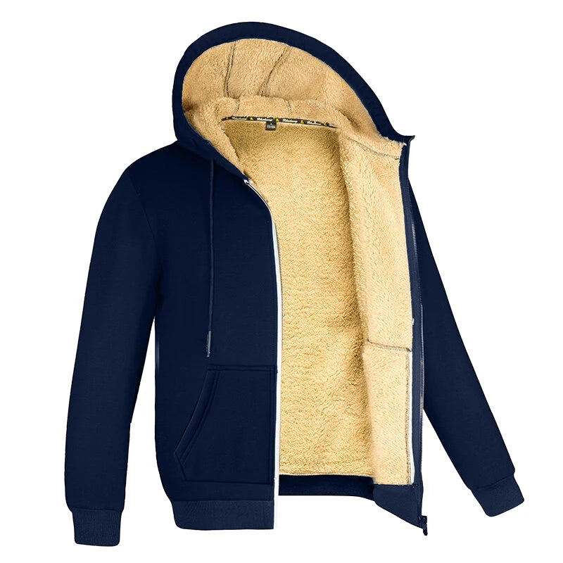 Thermal fleece jacket men women hooded with zipper, black winter coat