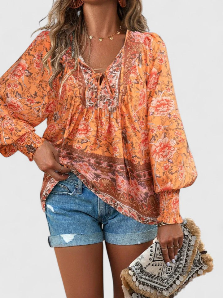 Women's Linen Blouse | Floral Boho, V-Neck Puff Sleeve