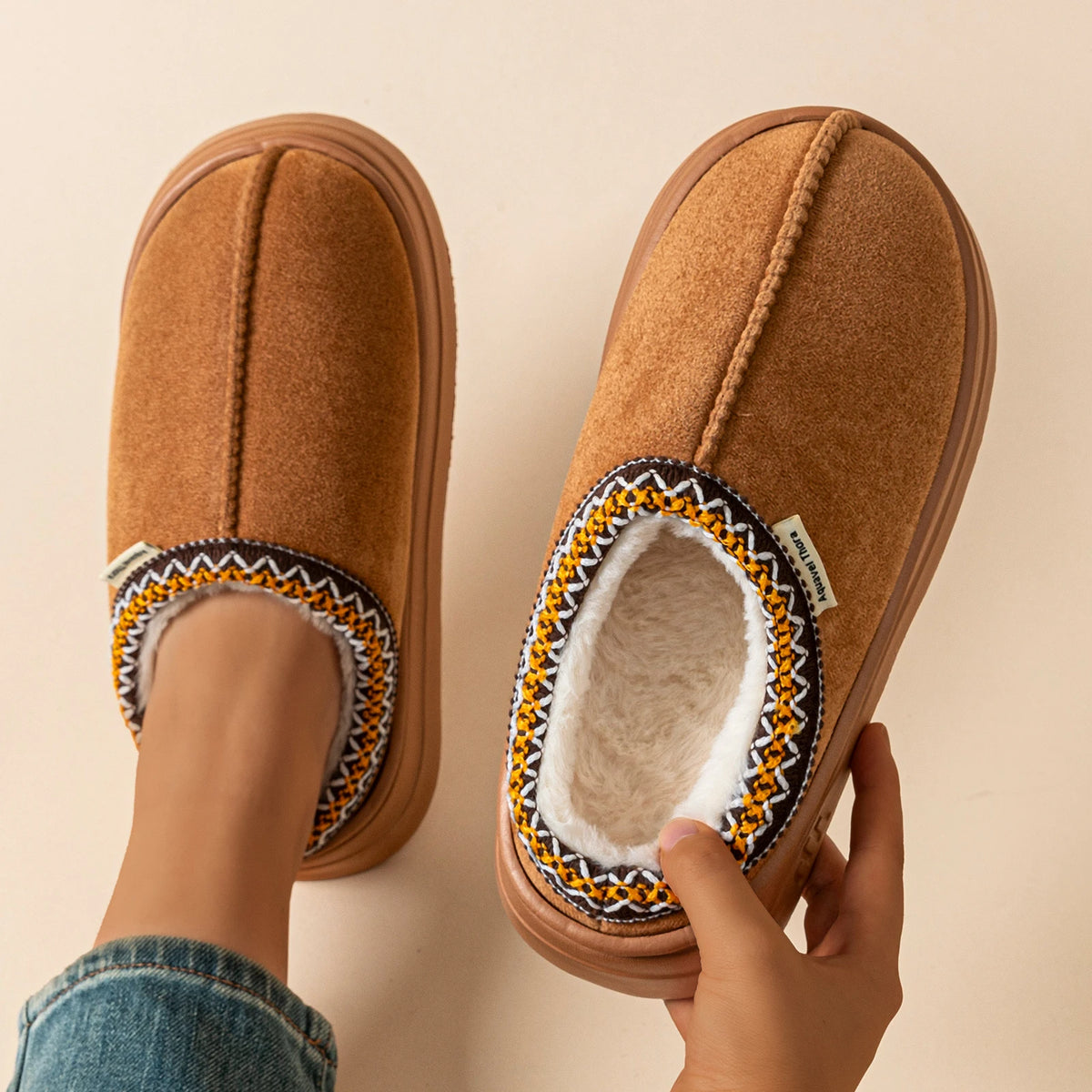 Women plush slipper boots flat anti-slip warm indoor winter